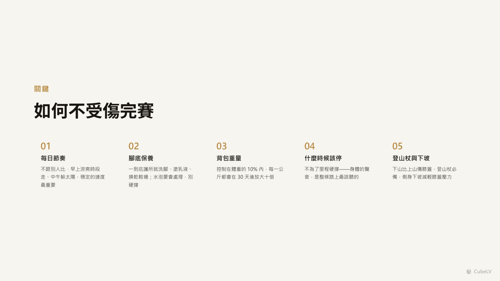 簡報精華：如何不受傷完賽——每日節奏、腳底保養、背包重量、何時該停、登山杖與下坡