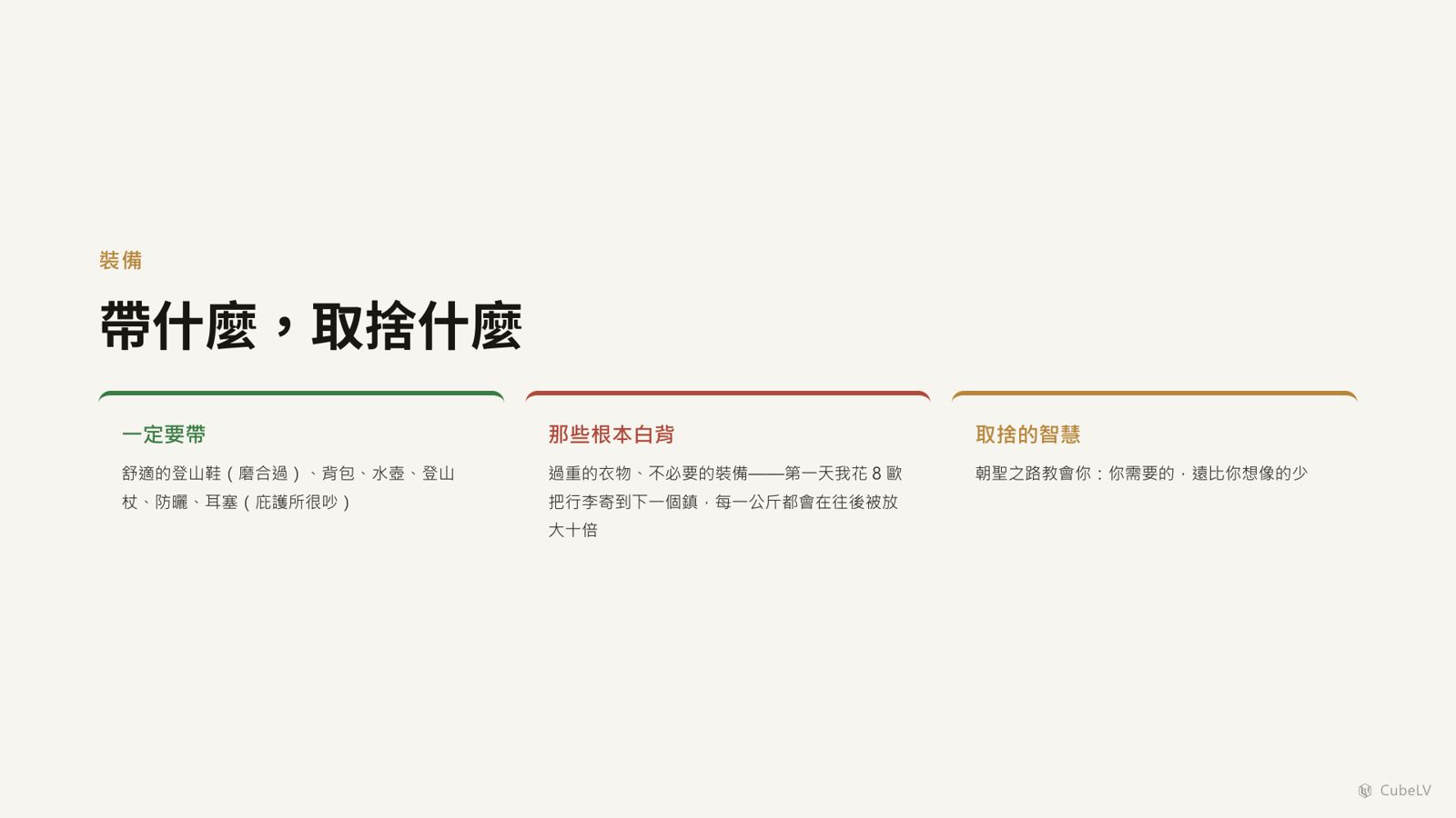 簡報精華：裝備取捨——一定要帶的、根本白背的、與背包就是我們的家
